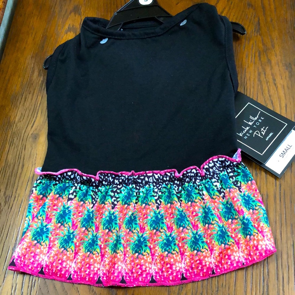 New Pet apparel outfit. Size Small.  Black top with colorful skirt w/pineapples.